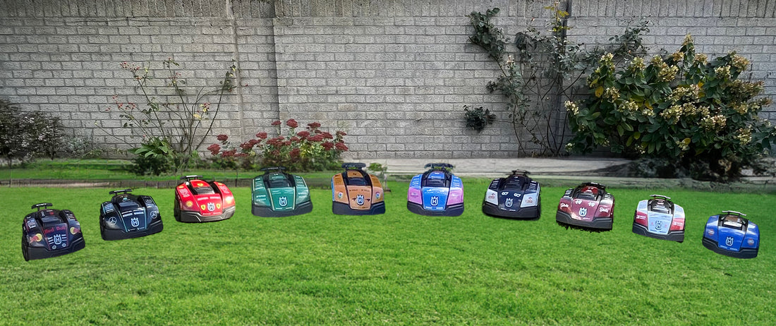 Robot Lawn Mowers with Names and Stickers. The Personal Bond between Man and Machine.